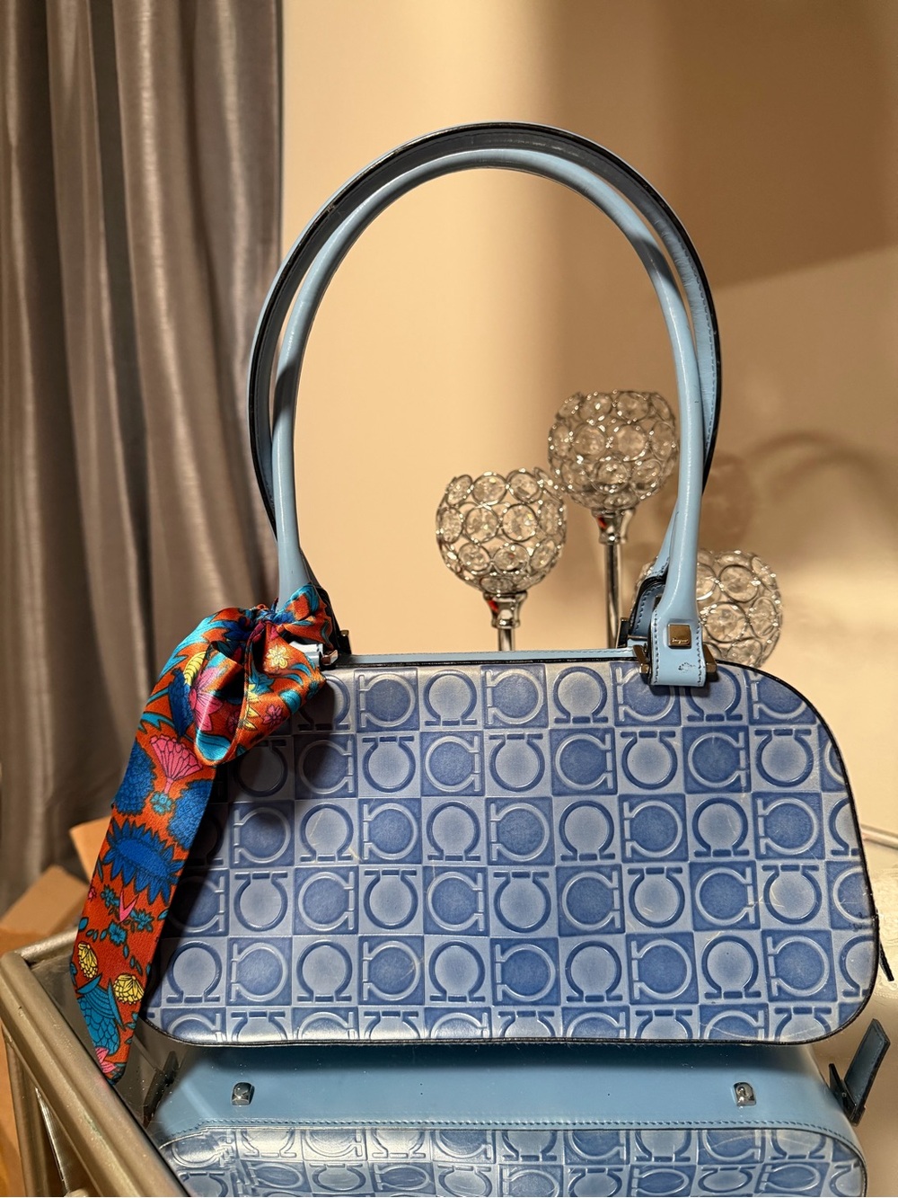 Salvatore Ferragamo Blue Gancini Monogram Baguette Bag